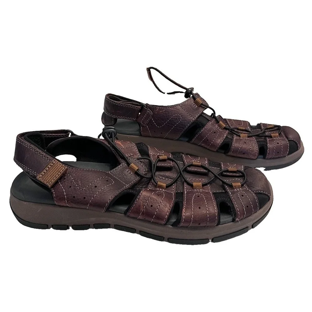 New CLARK'S Sz 13 Brixby Cove Dark Brown Leather Fisherman Sandals Pls Read Flaw